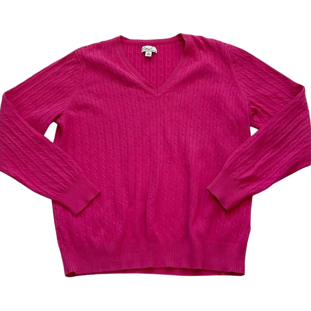 Kim Rogers Bright Pink Long Sleeve Cable Knit Sweater, V-Neck, Preppy, Size XL